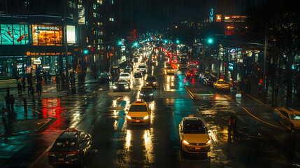 Vibrant urban nightlife, bustling city street illuminated by neon signs and headlights, perfect for travel or nightlife themes.