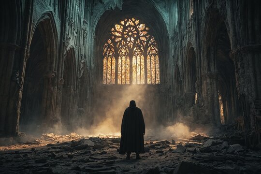 Un misterioso figura en un templo en ruinas, iluminado por la luz del atardecer que brilla a trav&eacute;s de los vitrales.