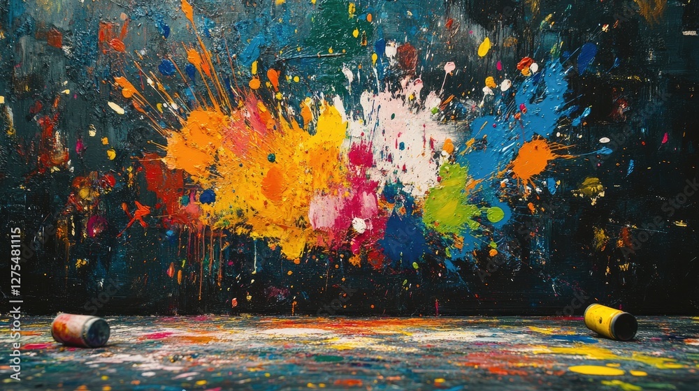 Poster colorful paint splatters in bright hues erupting from a paint can, creating a bold, dynamic, and art