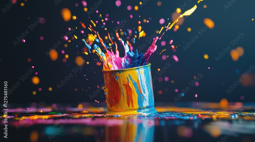Poster colorful paint splatters in bright hues erupting from a paint can, creating a bold, dynamic, and art
