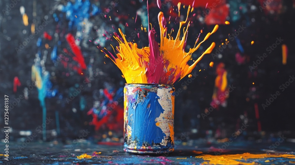 Poster colorful paint splatters in bright hues erupting from a paint can, creating a bold, dynamic, and art