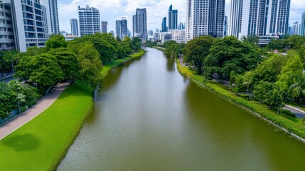 Aerial View of a Tranquil Canal Flanked by Lush Greenery and Modern Skyscrapers