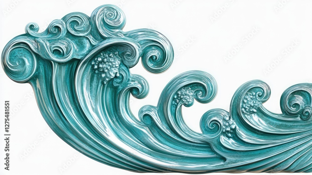 Poster detailed turquoise sea wave with textured patterns, set against a pure white background, highlightin