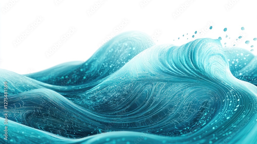 Poster detailed turquoise sea wave with textured patterns, set against a pure white background, highlightin