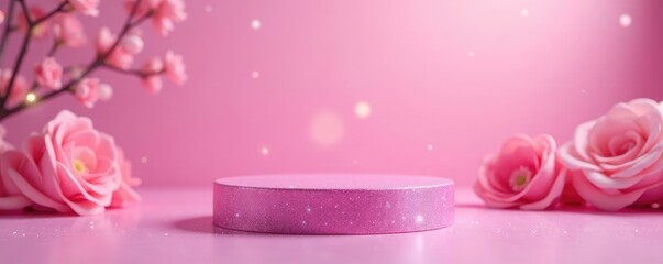 Glittering pink pedestal amidst soft pastel hues, stage accessory, stage prop, sparkly decorations