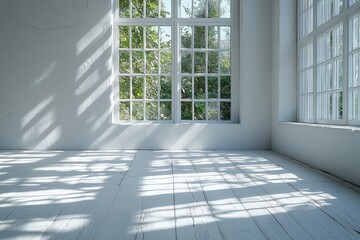 Abstract white studio background for product presentation empty room with shadows of window