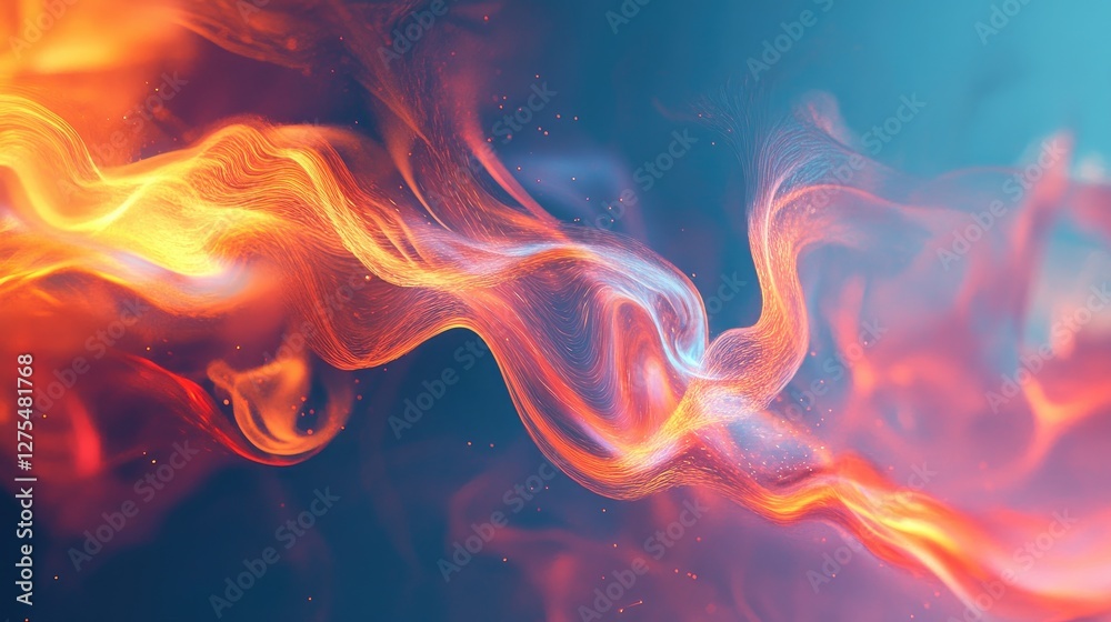 Poster dynamic and vibrant fluid art with intertwining tendrils of color, forming a stunning abstract desig