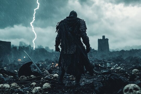Un guerrero solitario enfrenta una tormenta, rodeado de un paisaje desolado y esqueletos en un ambiente sombr&iacute;o y &eacute;pico.