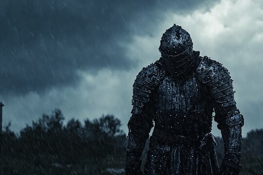 Un caballero en armadura oscura se erige bajo una lluvia intensa, envuelto en un ambiente solemne y sombrío.