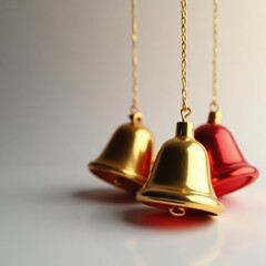 Golden Christmas bell ornaments on a white background with a subtle red glow, decoration, ornament