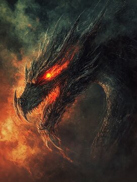 Un drag&oacute;n oscuro emerge entre llamas y humo, con ojos brillantes y una apariencia imponente.