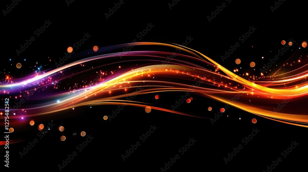 Poster dynamic trails of colored lights and glowing sparkles illuminating the darkness, evoking a festive, 