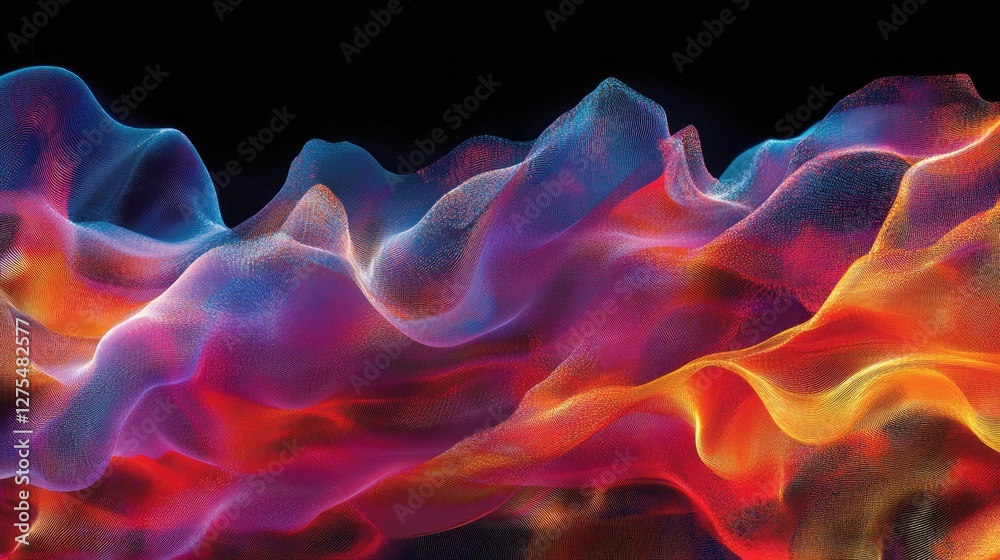 Poster Dynamic, vibrant digital particles form an abstract wave, symbolizing the movement of energy and cutting-edge technology in a visually striking display