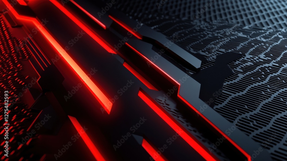 Poster abstract dark background with red neon lines and textured patterns