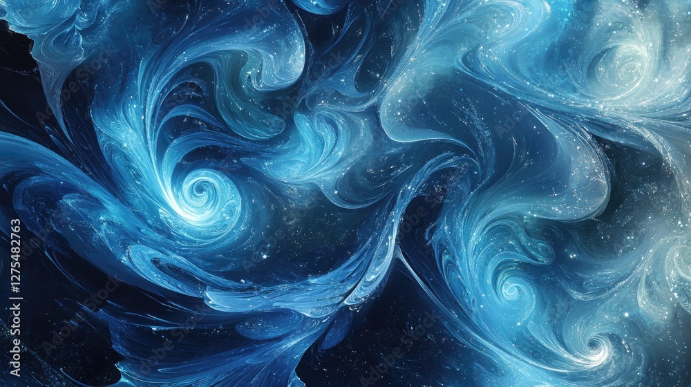 Poster Elegant abstract blue waves swirl across the background, adorned with sparkling effects that add depth and beauty to the design