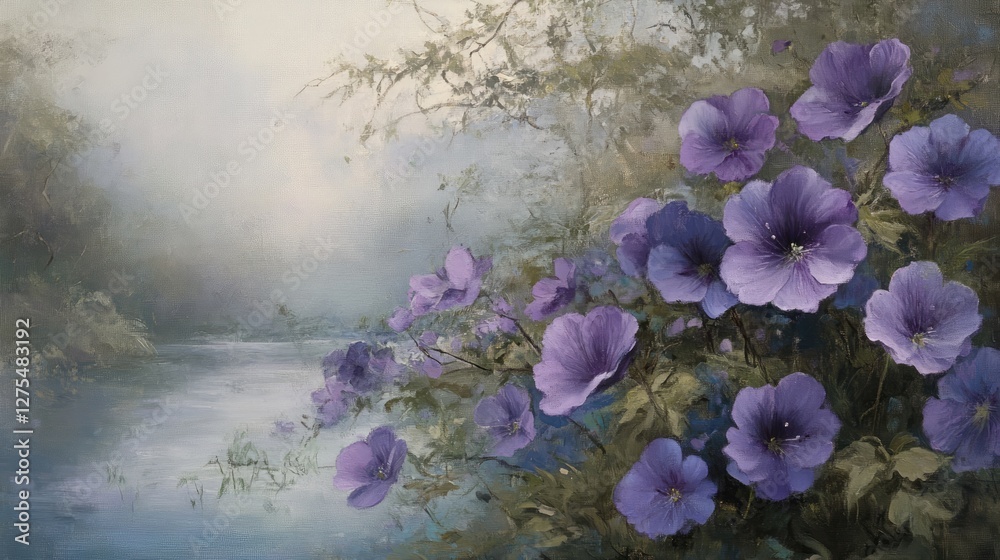 Poster elegant purple flowers softly blending with a serene backdrop, evoking a calm and peaceful atmospher