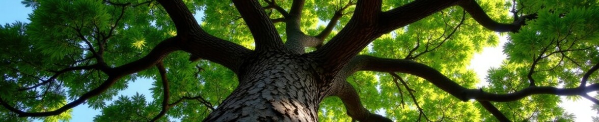Low-angle shot of a towering Yew tree with gnarled branches and twisted trunk, trunk, branches, earthy