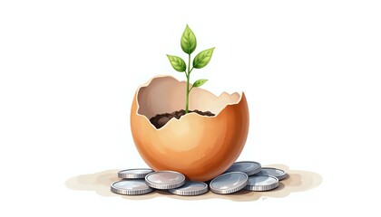 Watercolor illustration of seedling emerging from eggshell with silver coins - early investment