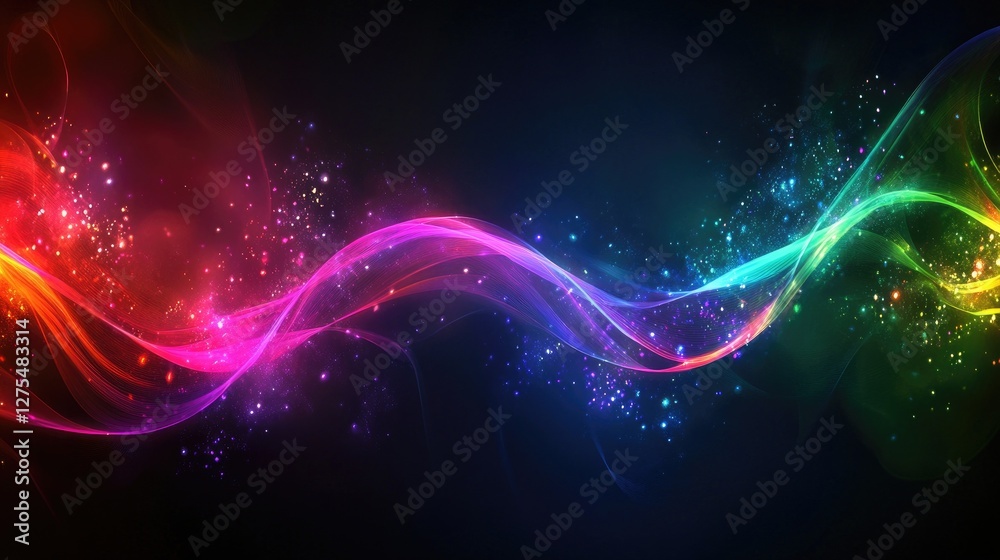 Poster energetic streaks of colorful light and sparkling glow illuminating a dark space, creating a festive