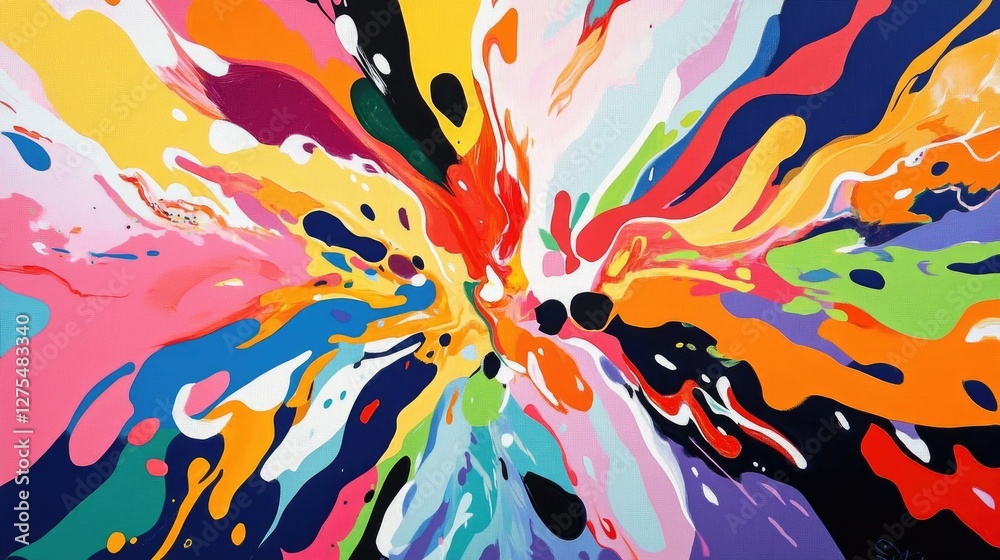Poster Explosive abstract colors bursting into vibrant patterns, visually representing the beat and energy of a high-tempo pop song in a dynamic composition