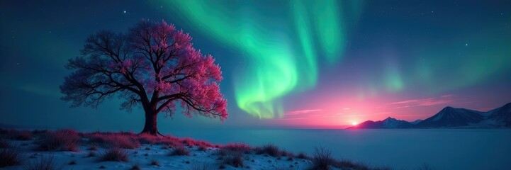 Fototapeta premium Majestic tree against the glowing Northern Lights, Lighting Effect, Tree