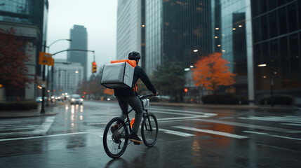 A delivery cyclist with a large square backpack moves swiftly through a modern cityscape, crossing an empty intersection under a cloudy, overcast sky.
