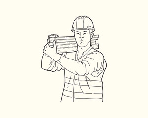 Hand draw Illustration of professional building construction workers lifting wood. Vector line art.