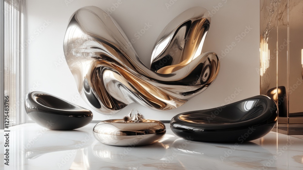 Poster Fluid 3D shapes with metallic finishes and gradient colors create a mesmerizing abstract design full of movement and modern appeal