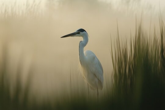 Elegant bird stands gracefully amidst soft fog and tall grass, e