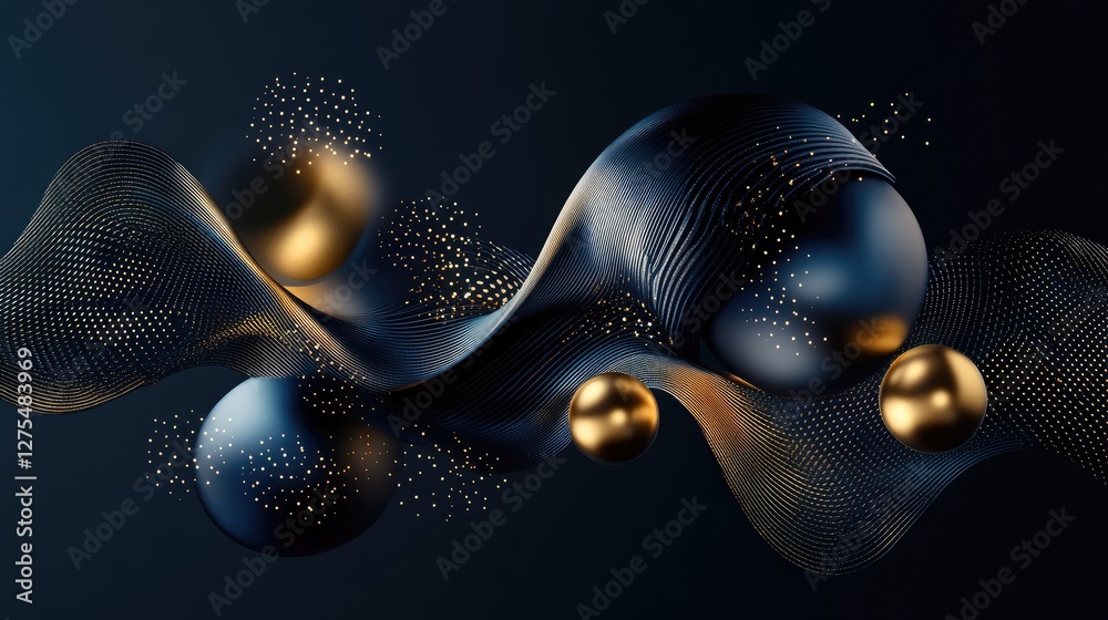 Aufkleber Fluid 3D shapes with metallic textures and gradient colors, creating a striking abstract design on a dark background, full of futuristic appeal