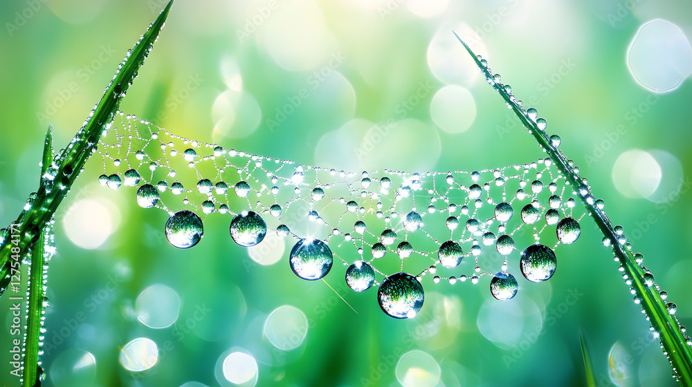 Poster dew-covered grass glistens in soft light, creating a serene and refreshing natural scene