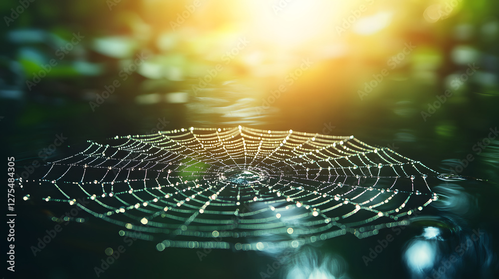 Poster a delicate spider web glistens with dew over still water, illuminated by soft sunlight, creating a s