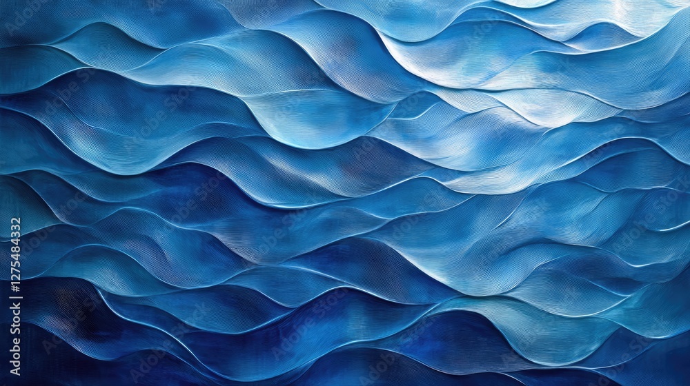 Poster Fluid blue wave-like patterns in a dynamic horizontal layout, creating an abstract background with depth, movement, and visual excitement