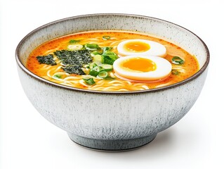 Delicious Bowl of Ramen with Soft-Boiled Eggs and Green Onions in Ceramic Bowl