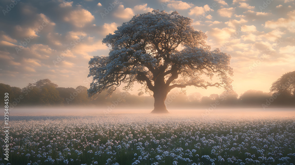 Poster a majestic tree stands alone in a misty field of flowers, bathed in warm morning light, creating a s