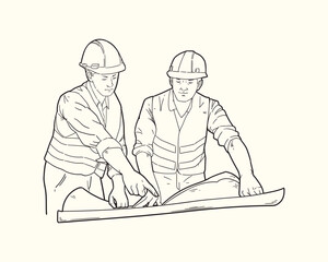 Hand draw Illustration of manager listening construction concept presentation from architect. Building architecture business concept. Vector line art.