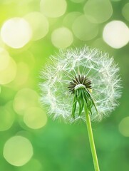 La imagen muestra un diente de león iluminado con un hermoso fondo bokeh verde.