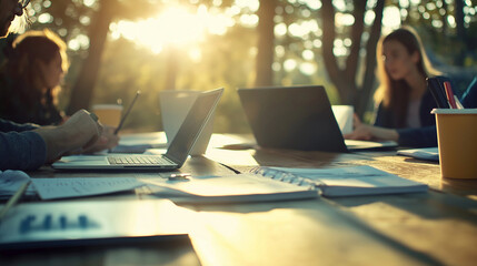 A collaborative team brainstorming session, with laptops, notepads, and printed reports on the table, while professionals engage in strategic business discussions.