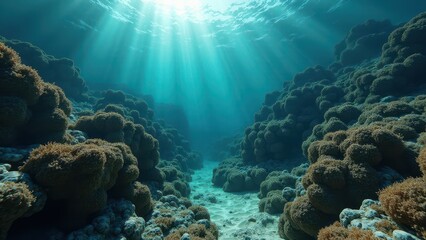 Fototapeta premium Underwater coral reef with sunlight rays illuminating sandy seabed and corals 