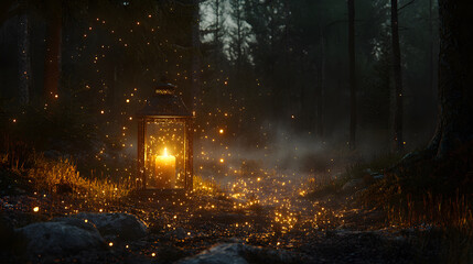 Fototapeta premium A glowing lantern illuminates a misty forest, surrounded by shimmering particles, evoking a magical and serene atmosphere