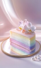 A slice of sweet sponge cake with distinct layers of rainbow pastel colors, decorated with orchid flowers, minimalist fine dining dessert presentation, restaurant style, AI generated photo