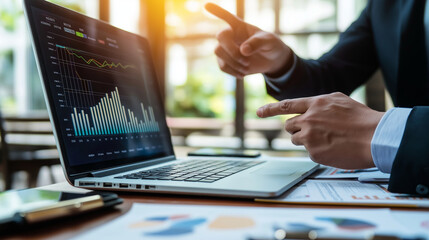 A close-up of hands pointing at financial charts on a laptop screen while discussing a new business proposal, with documents and a notepad on the table.