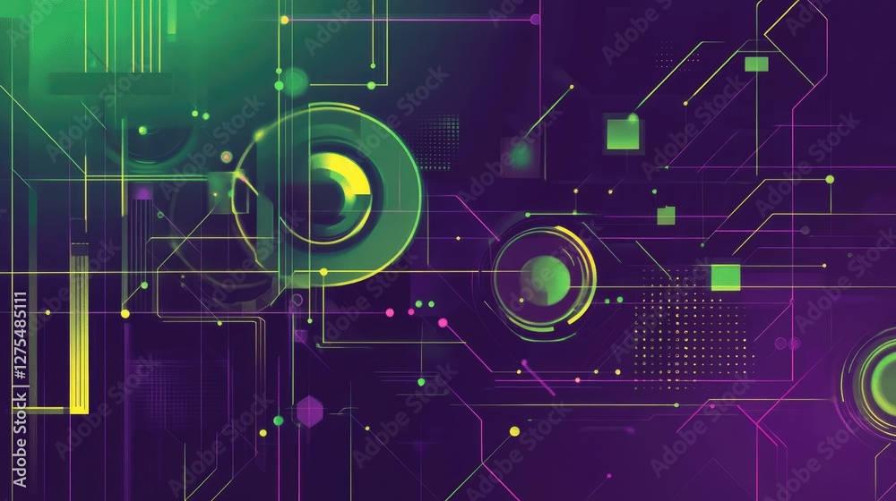Poster Geometric patterns in green and violet, visually expressing the abstract flow of data science, with hints of Julia programming speed and versatility