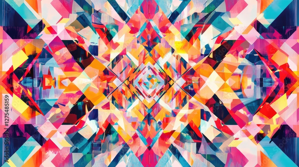 Poster Geometric shapes and angular reflections collide in a dynamic pattern, forming a high-energy, visually captivating background with vibrant tones