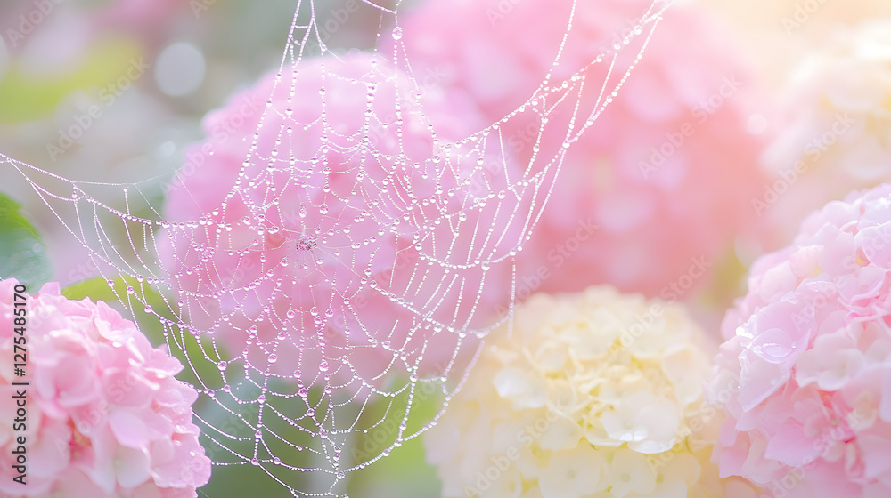 Poster a delicate arrangement of pink and yellow flowers adorned with glistening dewdrops and a soft spider