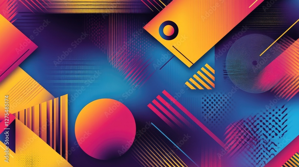 Poster Geometric shapes and angular reflections collide in a dynamic pattern, forming a high-energy, visually captivating background with vibrant tones