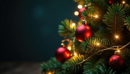 Ornamented Christmas tree with sparkling garland, ornaments,