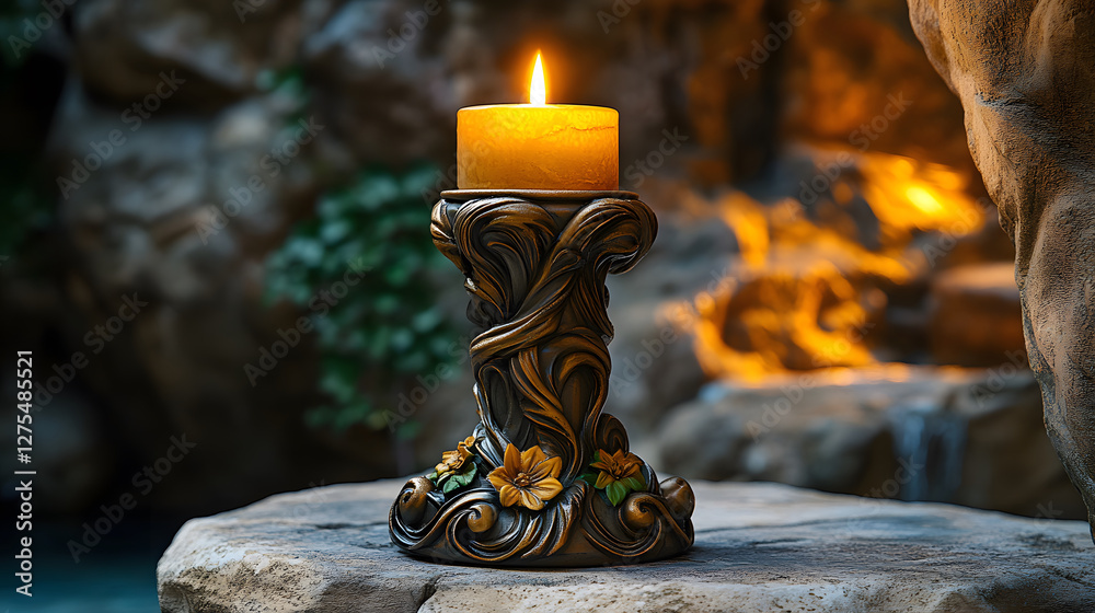 Poster a beautifully crafted candle with intricate designs, glowing softly against a serene backdrop, creat
