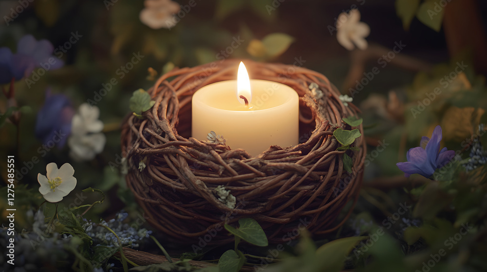 Poster A serene candle nestled in a twig nest, surrounded by delicate flowers, creating a warm and inviting atmosphere