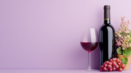 Bottle of Red Wine with a Glass and Grapes Against a Lilac Background with Floral Accents